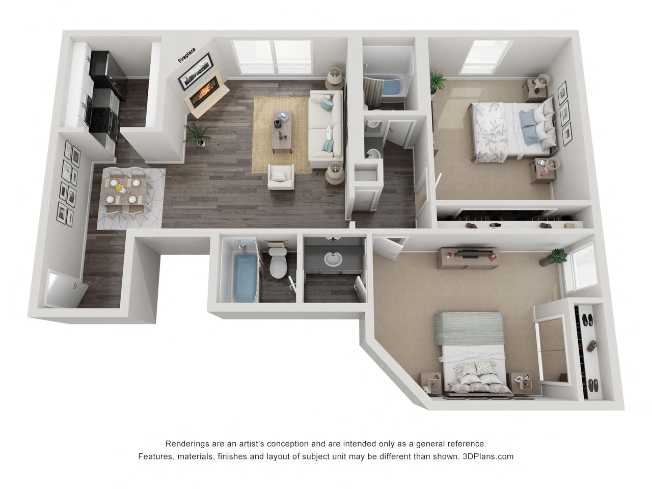 Floor plan for 2 beds, 2 baths, 1060 sqft